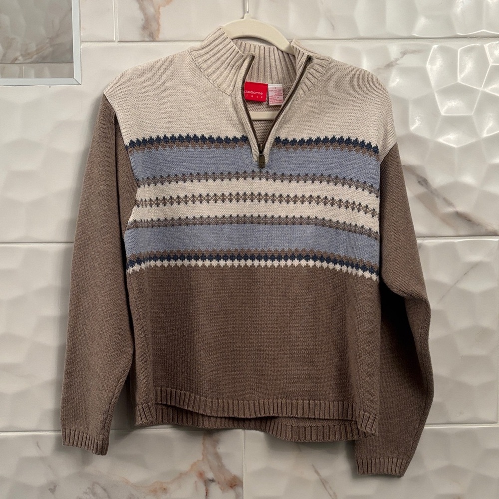 Liz Claiborne Beige and Brown Zip-Up Sweater
